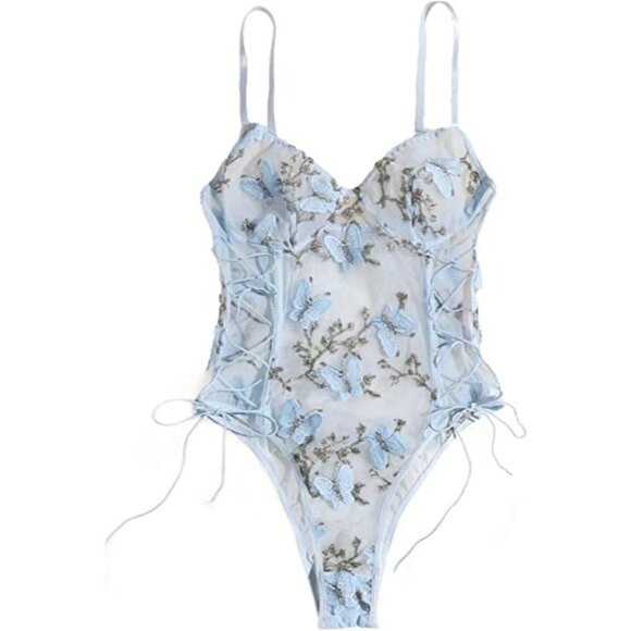 Sexy Lace Up Floral Embroidered Teddy Lingerie Bodysuit Top Mesh Sheer One Piece - Picture 2 of 8